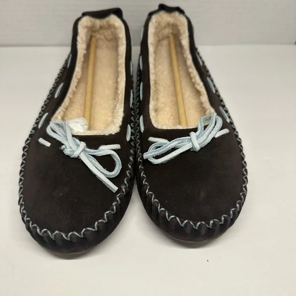 L.L. Bean Hearthside Chocolate Brown Suede Moccasin Slippers with Blue Accents - Picture 1 of 7